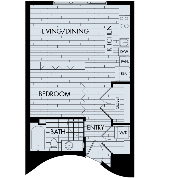 Floor plan SB. A one bath studio floor plan at The York on City Park Apartments in City Park West.